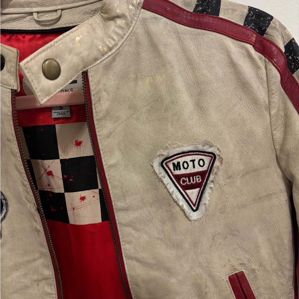 Wilsons Leather Cream and Red Racing Patch Leather Jacket - Picture 5 of 9